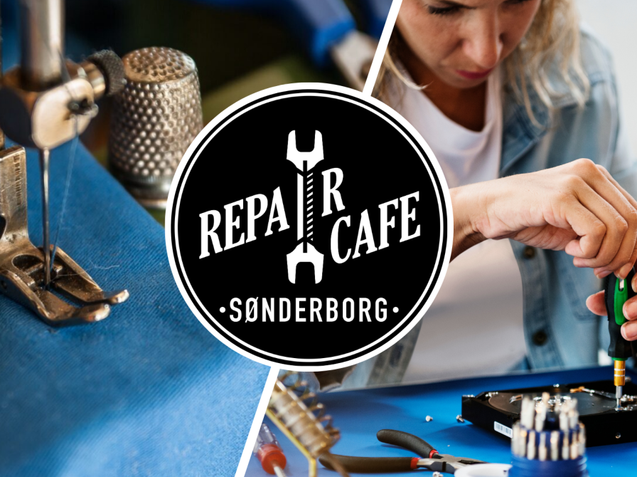 Blåt stof syes med symaskine, og kvinde reparerer elektronik. I midten ses Repair Café Sønderborgs logo.